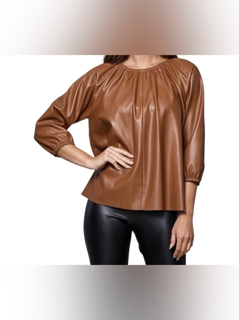 Dolce Cabo Brown Faux Leather Gathered Neck Blouse